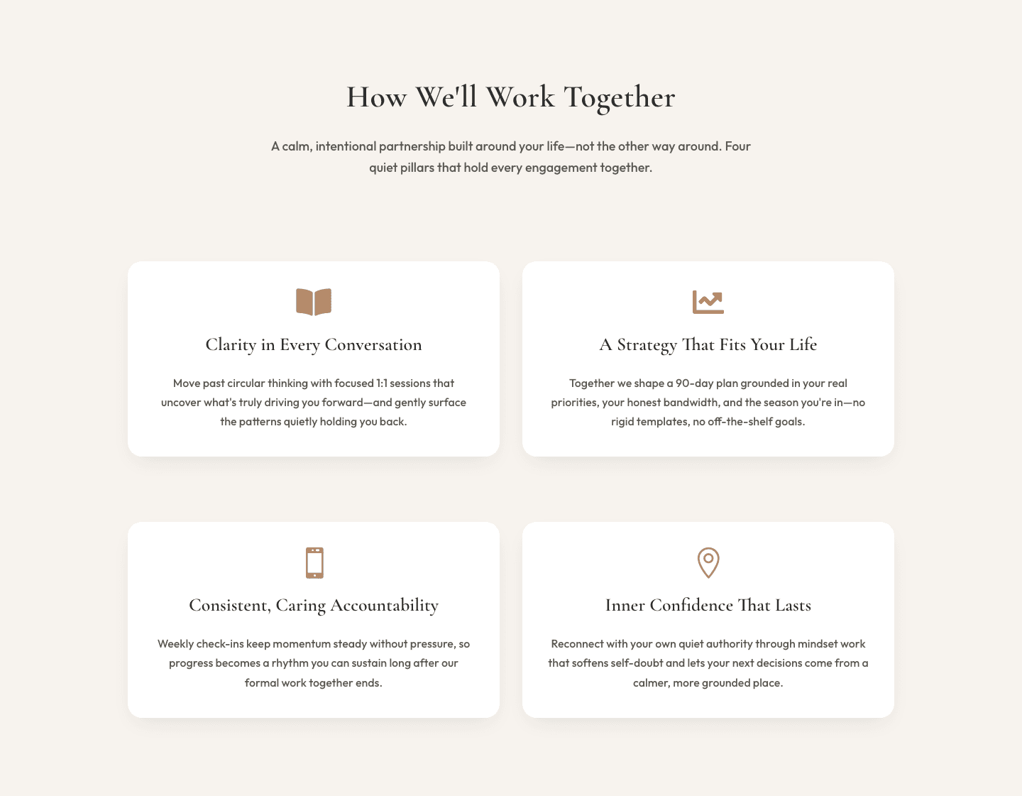 Elegant Coaching Cards Section for Divi 5 — How We Work Together