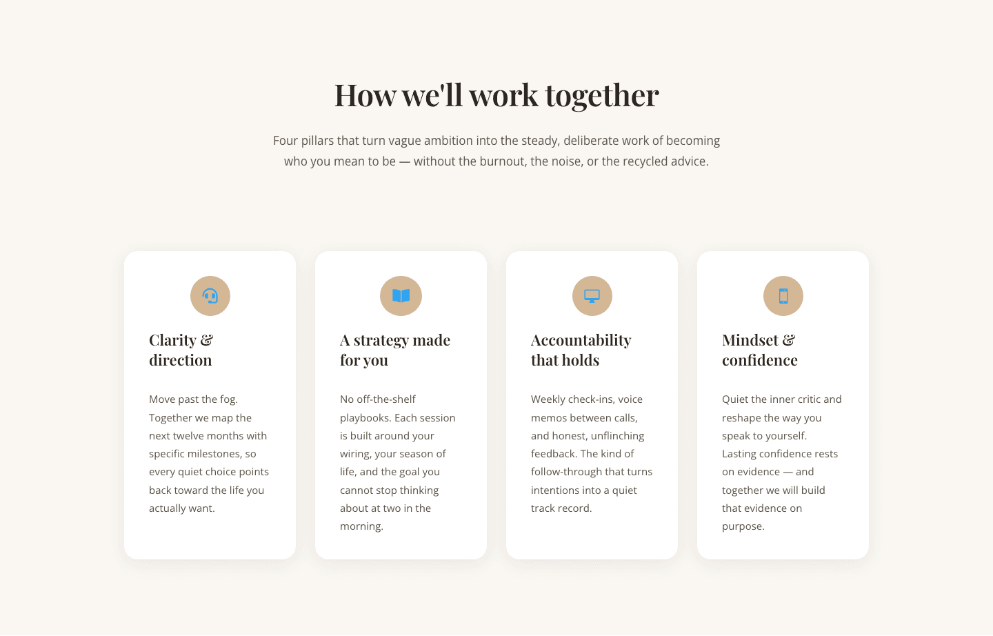 Elegant Coaching Cards Layout for Divi 5 — Four-Pillar Framework