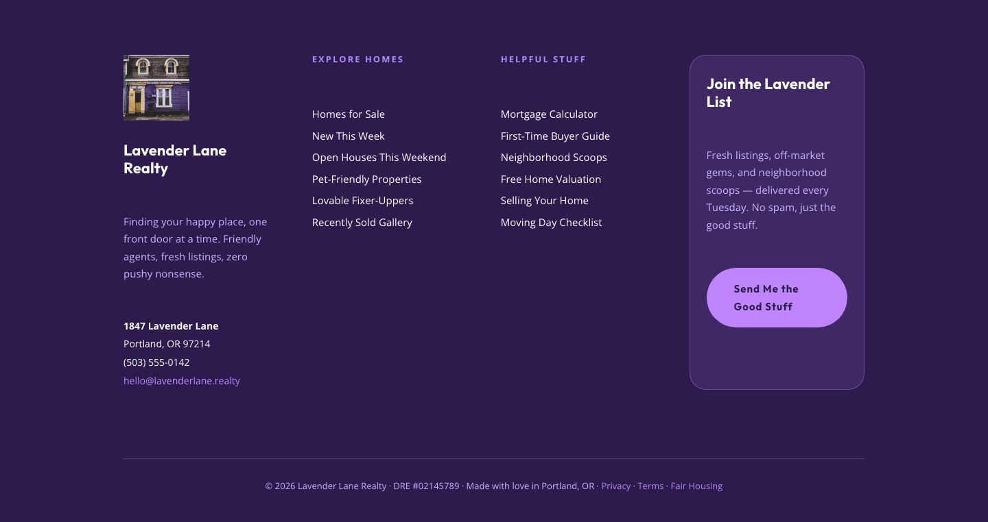 Playful Real Estate Footer — Divi 5 Layout with Newsletter Signup