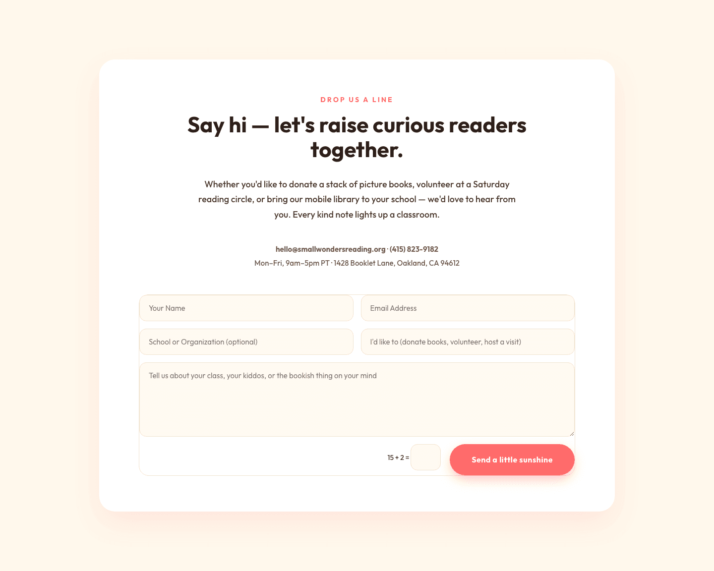 Playful Nonprofit Contact Page Layout for Divi 5 — Small Wonders