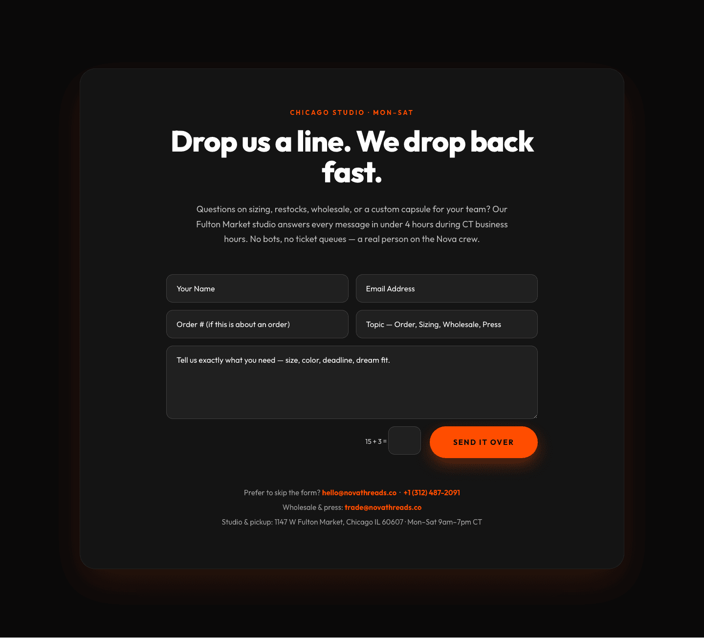 Bold Ecommerce Contact Page Layout for Divi 5 | Nova Threads