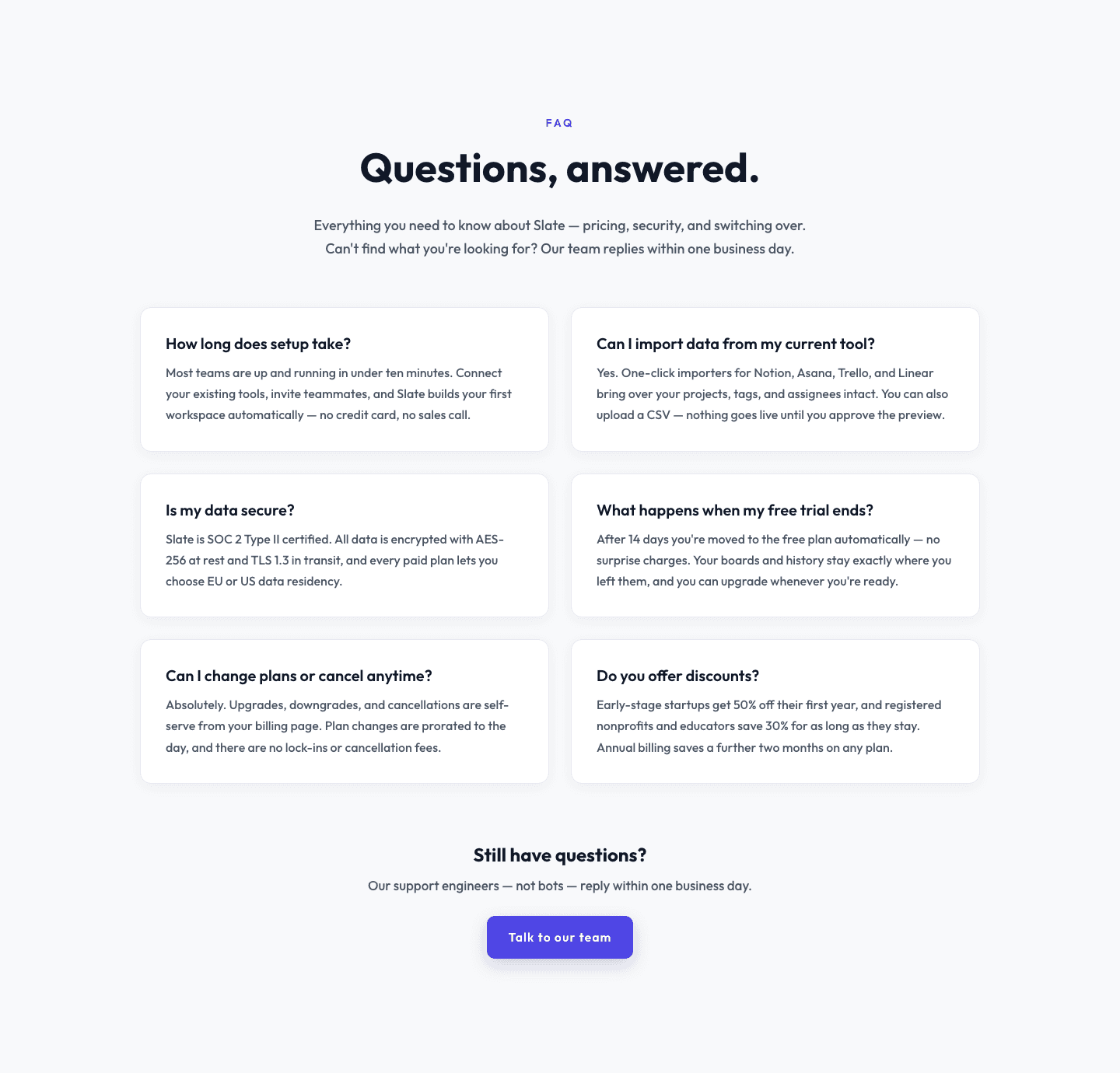 Minimal SaaS FAQ Section — Two-Column Card Layout for Divi 5