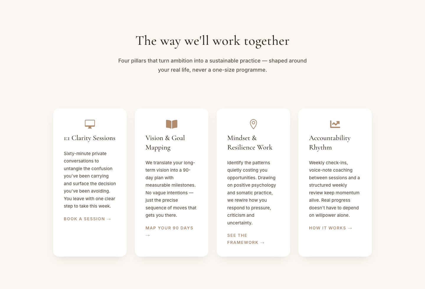 Elegant Coaching Cards Layout for Divi 5 — Approach & Services Grid