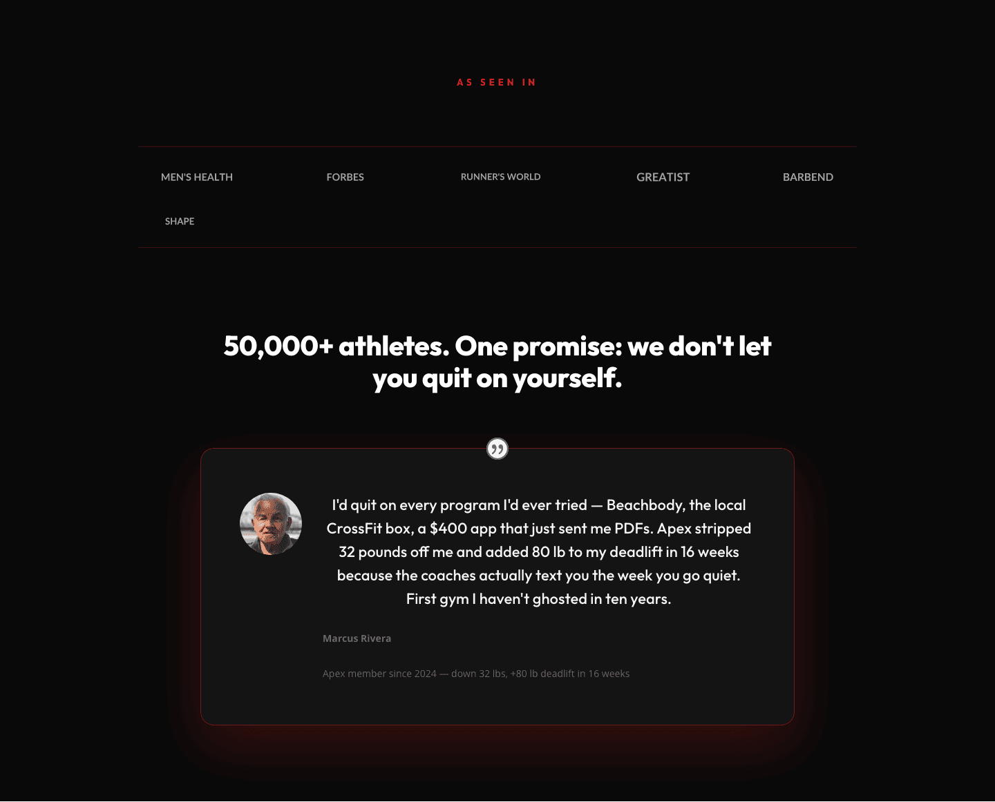 Bold Fitness Testimonials Section for Divi 5 — Apex Strength