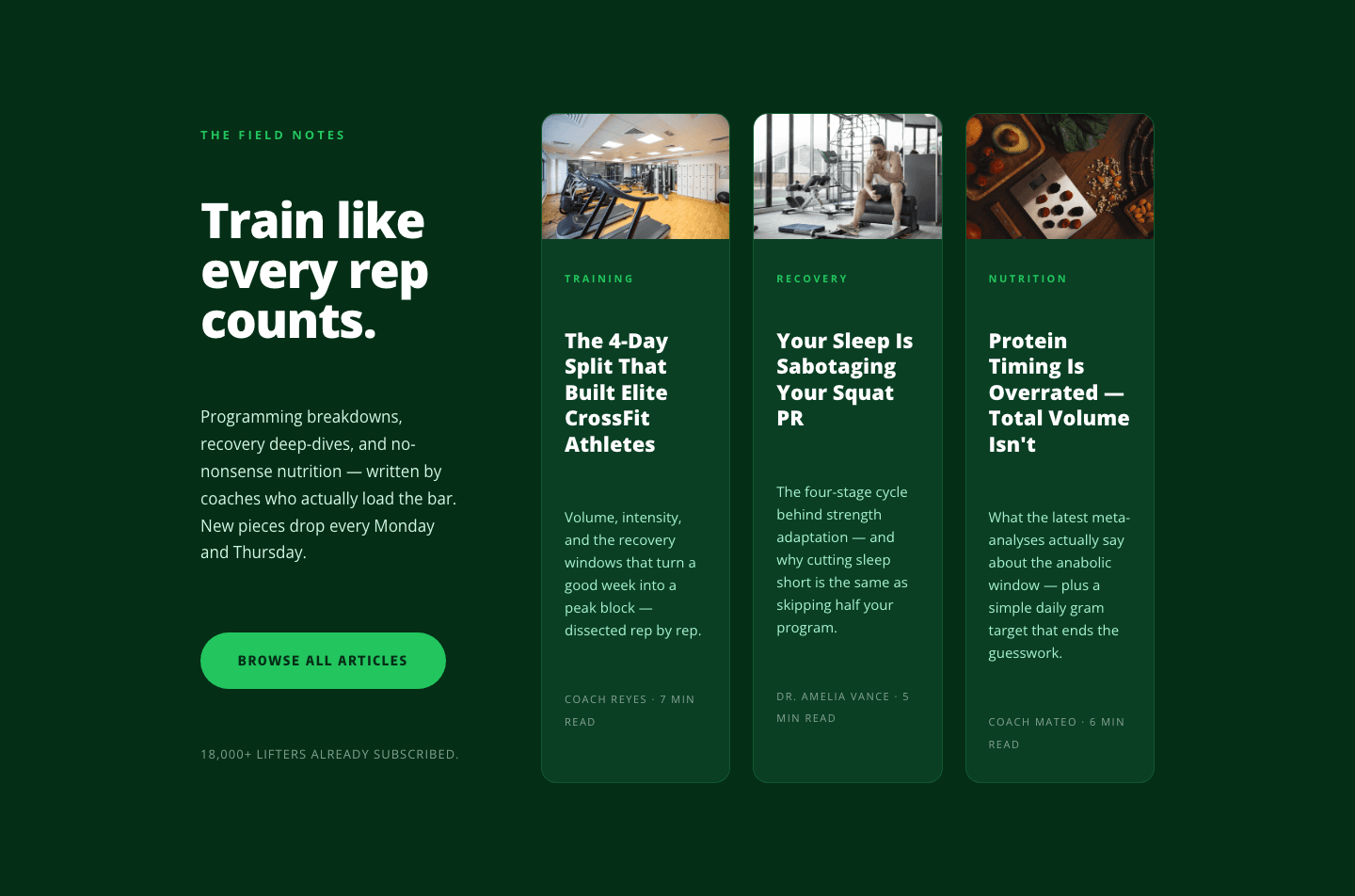 Bold Fitness Blog Layout for Divi 5 — Green Asymmetric Split