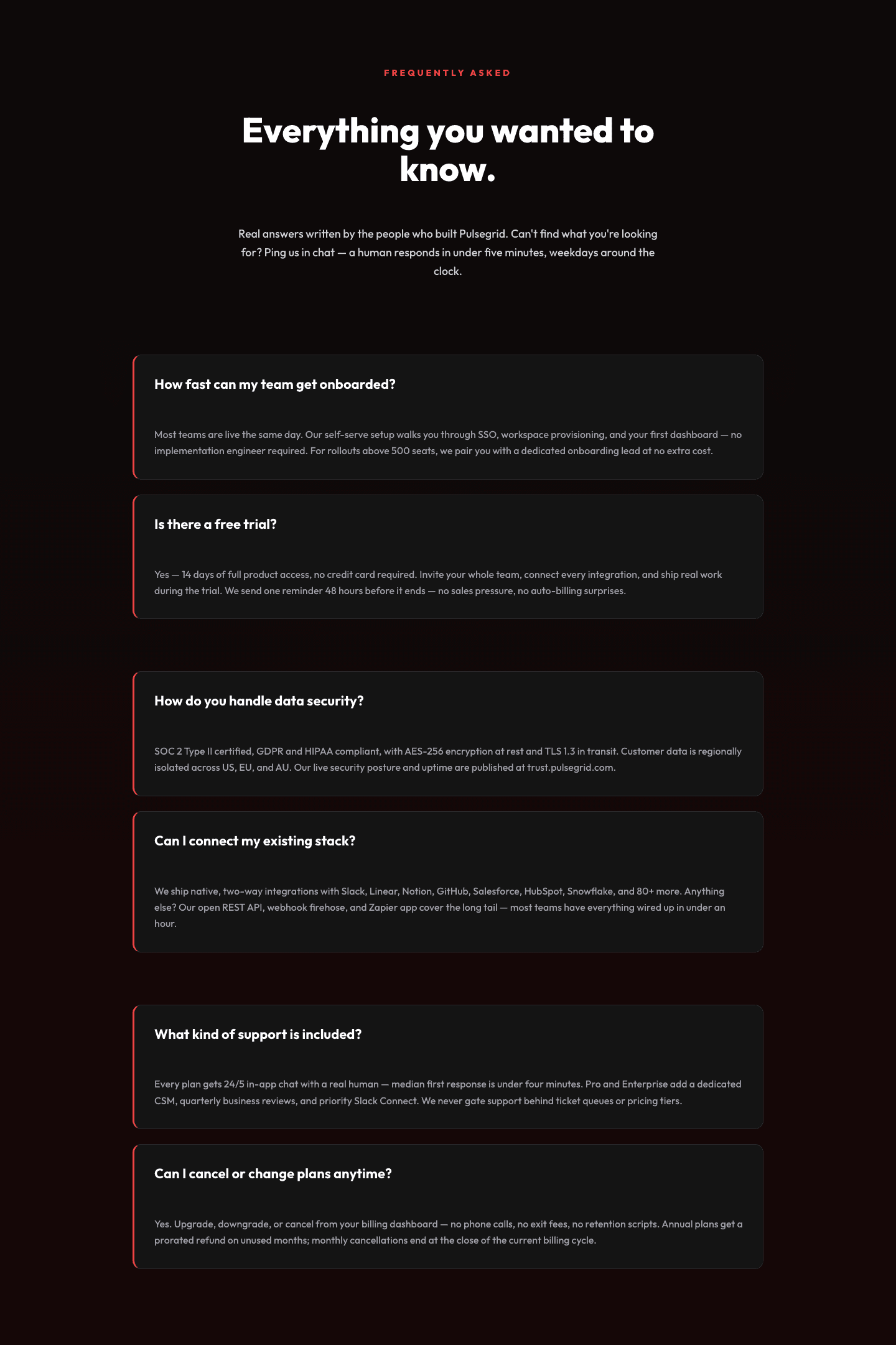 Bold SaaS FAQ Section — Two-Column Accordion Divi 5 Layout