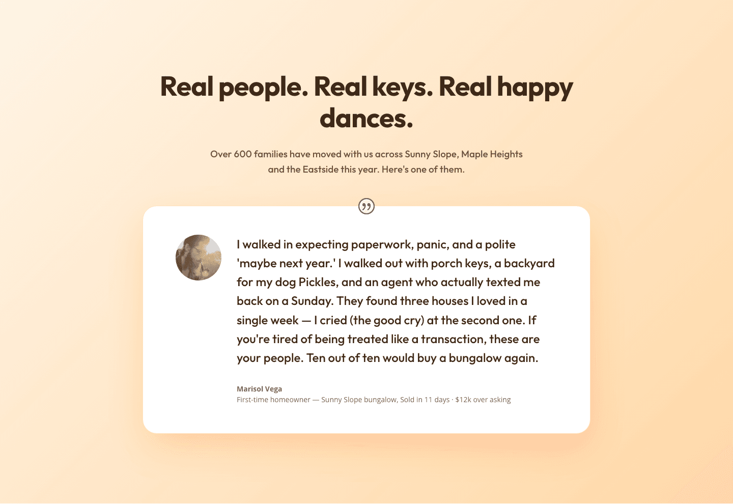 Playful Real Estate Testimonials Section — Warm Client Story Block | Divi 5 Layout