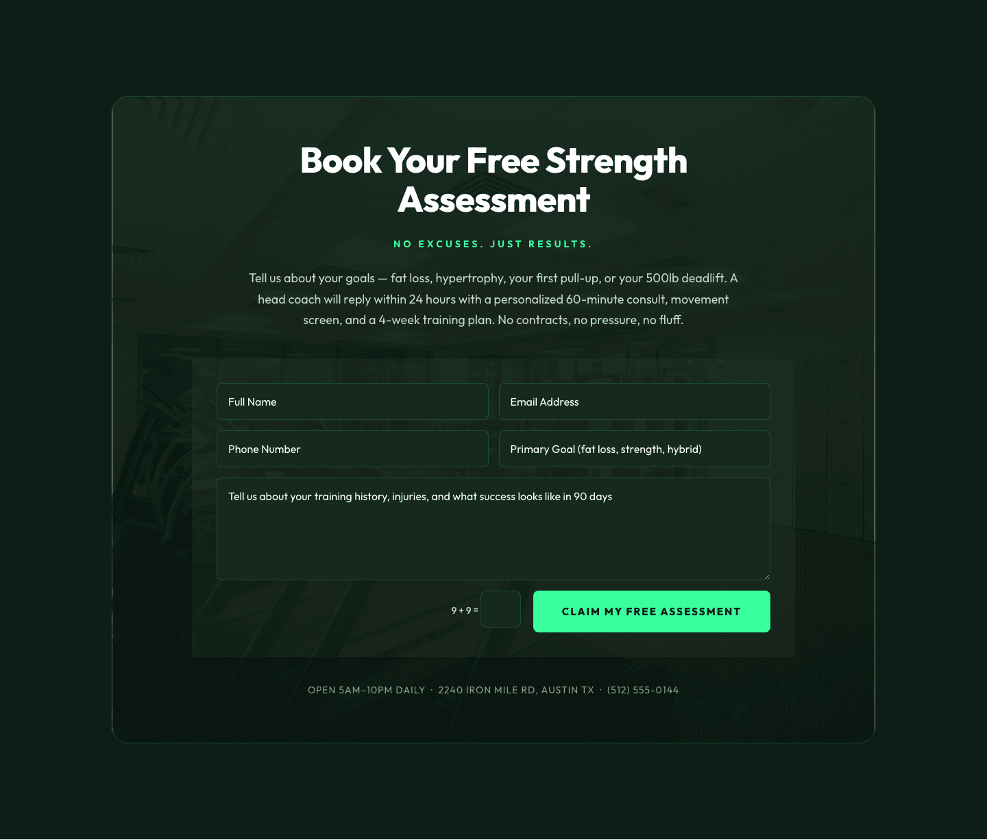 Bold Fitness Contact Section — Free Strength Assessment Form | Divi 5 Layout