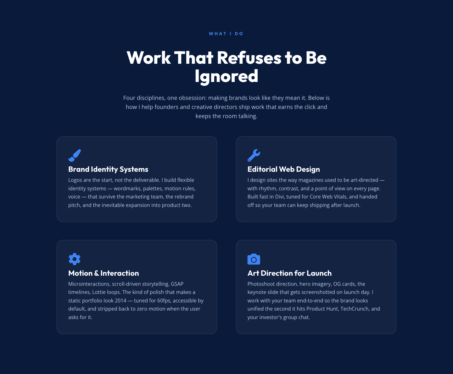 Bold Portfolio Features Section — 2x2 Discipline Grid for Divi 5