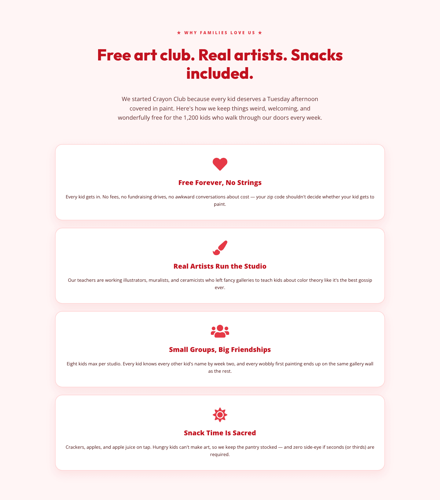 Playful Nonprofit Features Section — 4-Column Crayon Club Layout