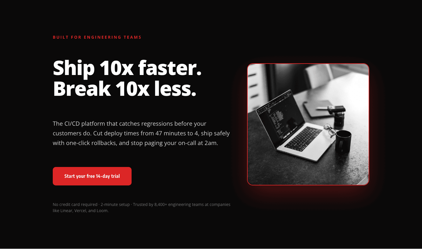 Bold SaaS Hero Layout for CI/CD & Engineering Tools — Divi 5