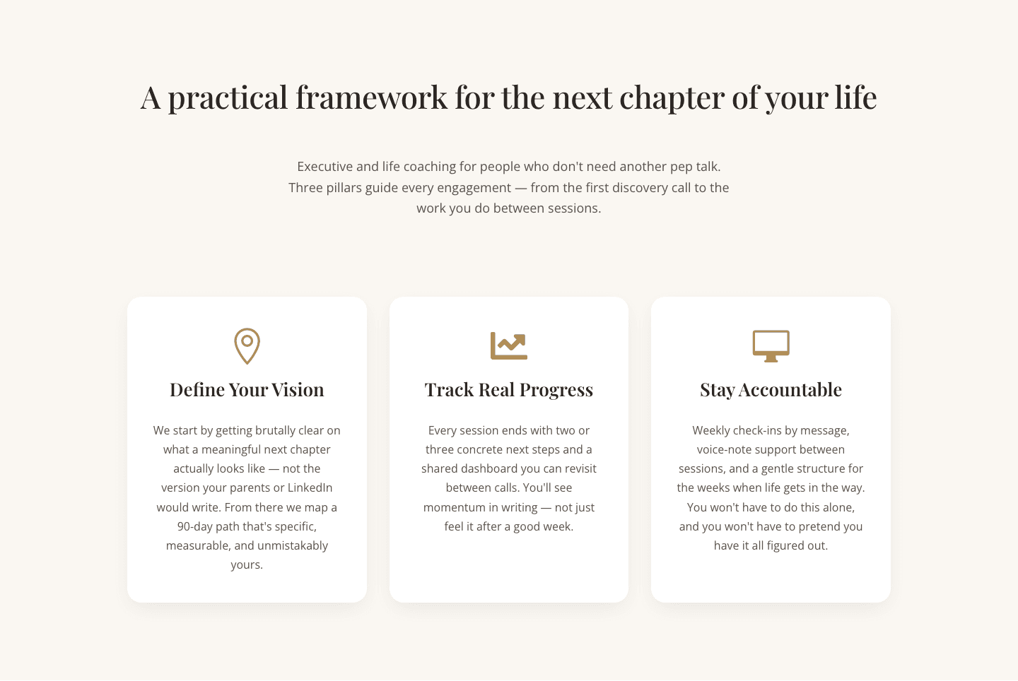Three Pillars Coaching Cards — Elegant Divi 5 Layout
