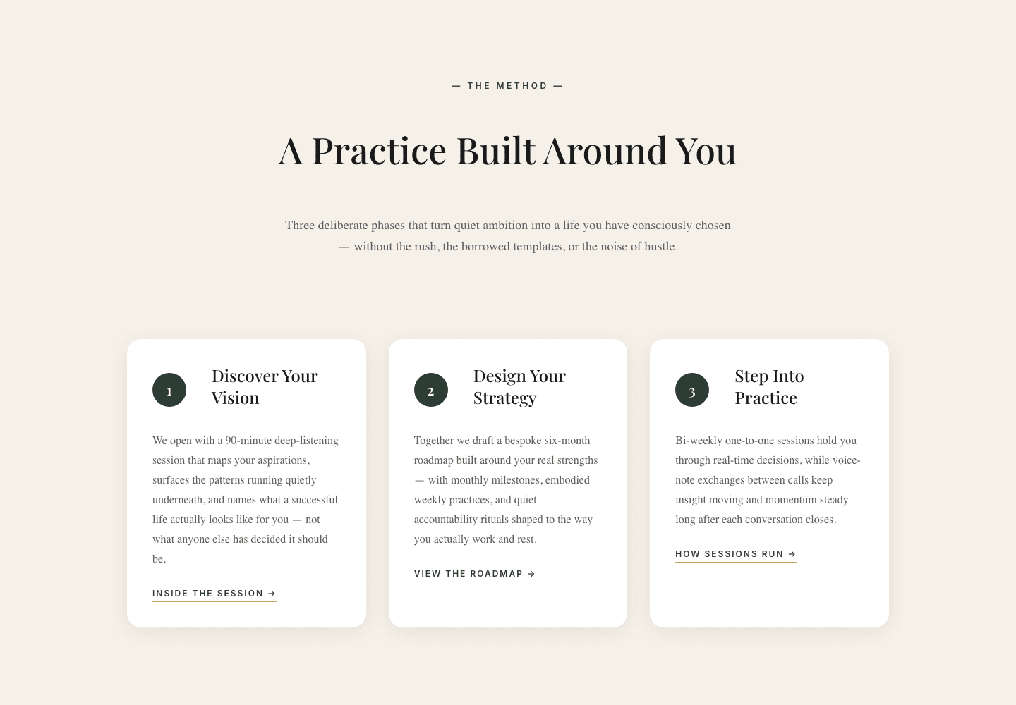 Three-Step Coaching Method Cards — Elegant Divi 5 Layout