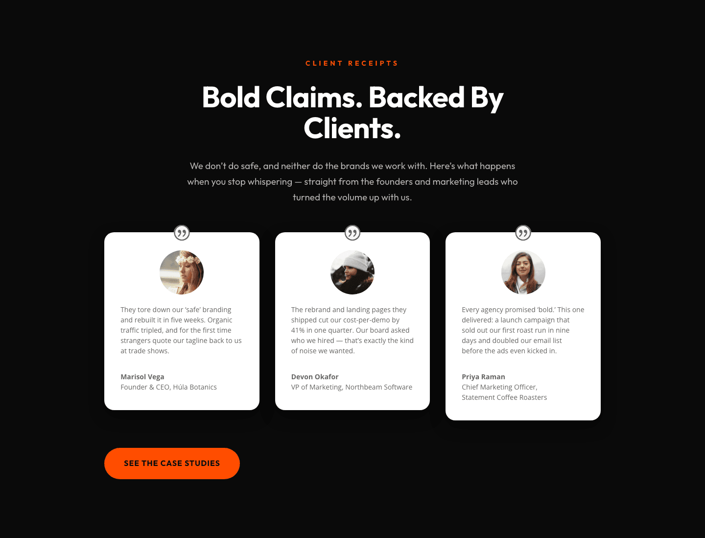Bold Agency Testimonials Section — Dark Divi 5 Layout with Client Proof Cards