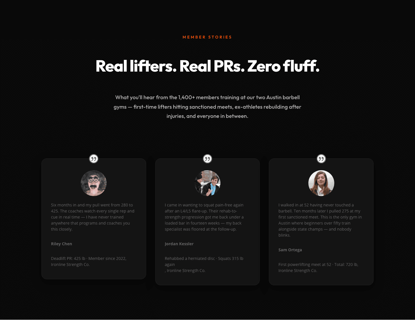 Bold Fitness Testimonials Section for Divi 5 — Gym & Barbell Club