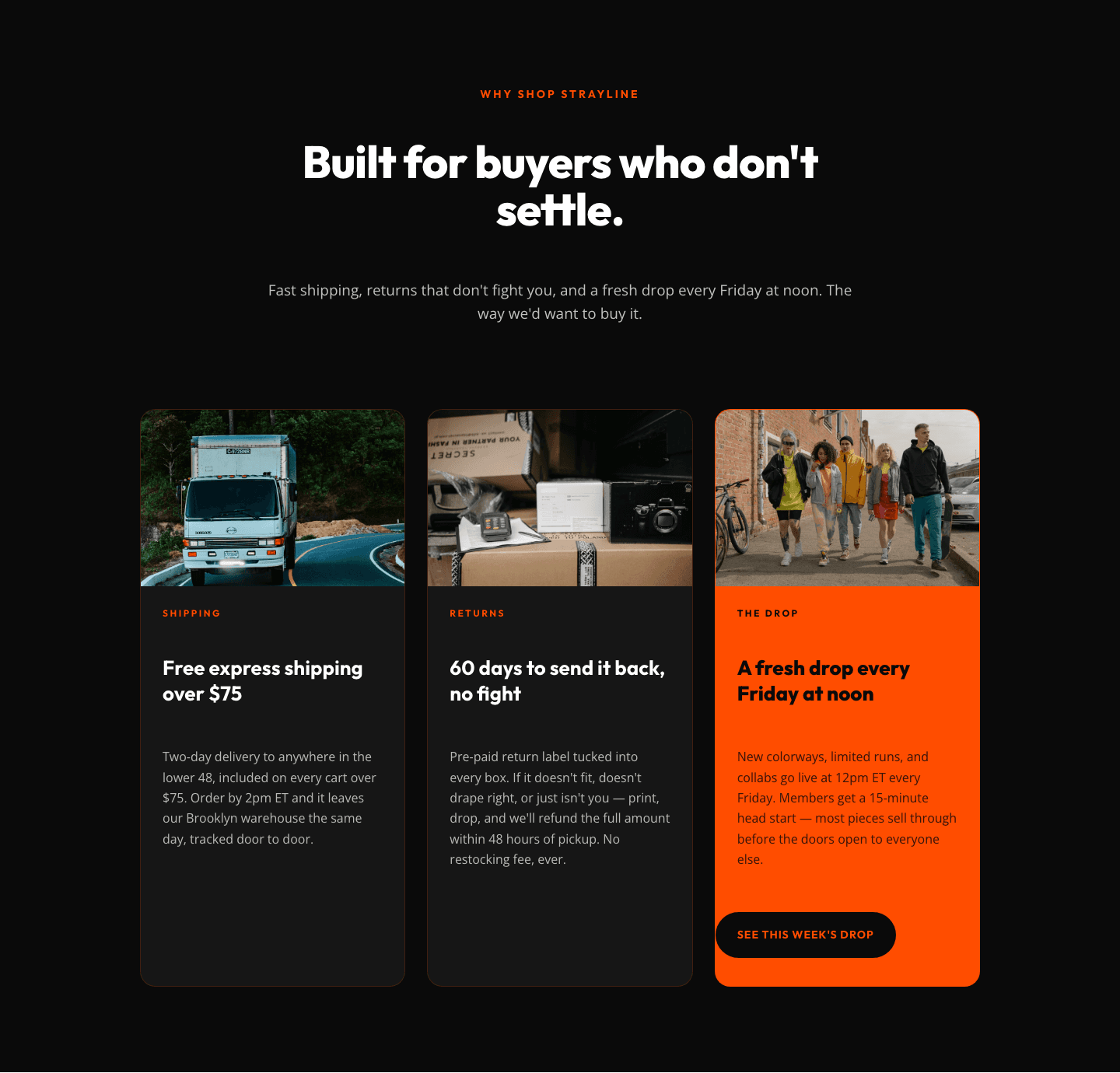 Bold Ecommerce Features Section — Free Shipping, Returns & Weekly Drops
