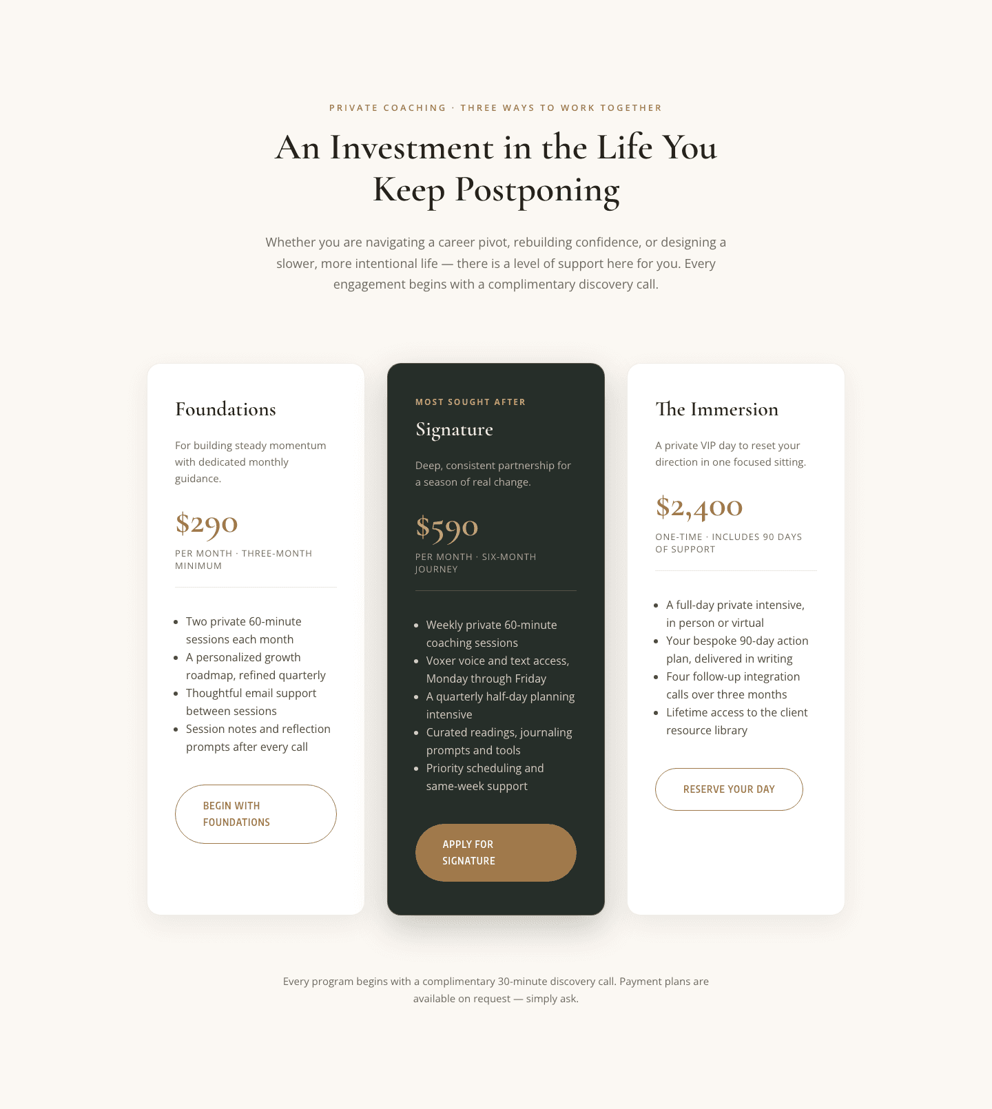 Elegant Coaching Pricing Section — 3-Tier Divi 5 Layout