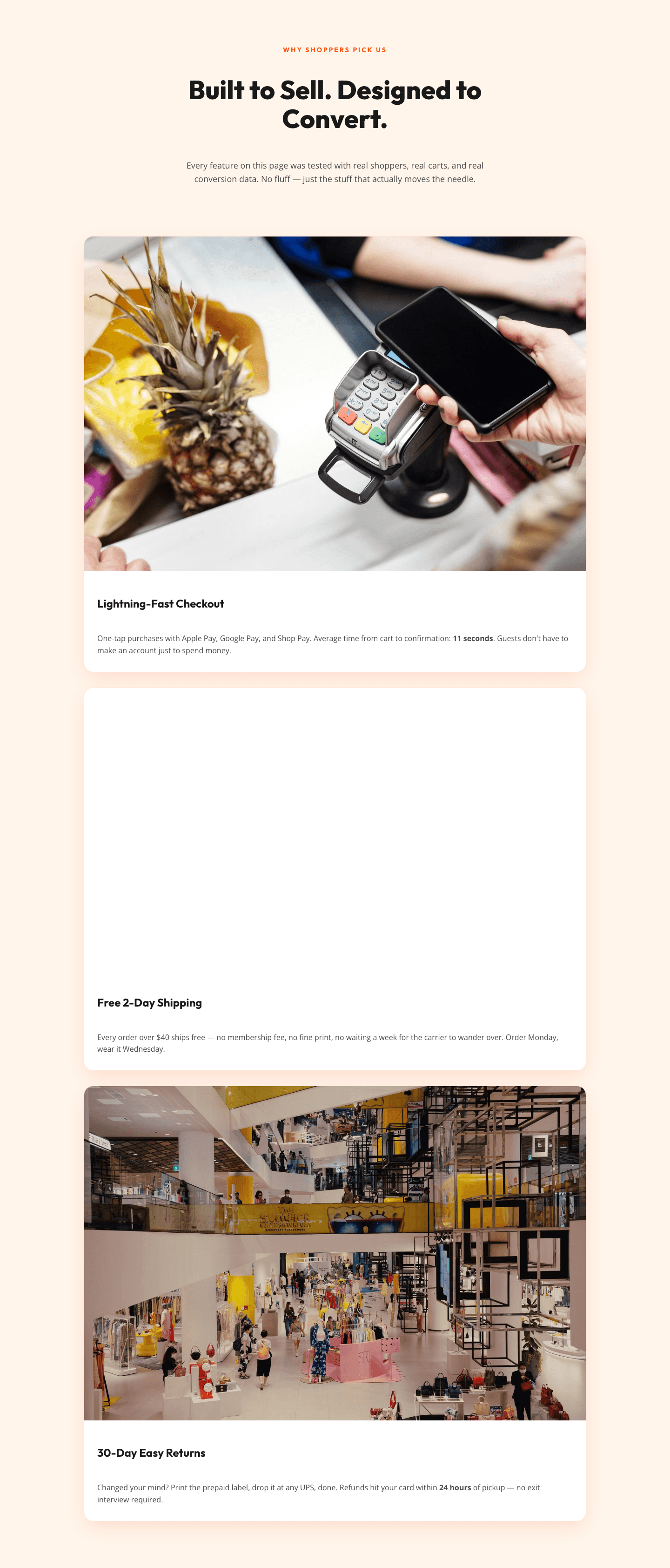 Bold Ecommerce Features Section — Fast Checkout, Free Shipping & Easy Returns