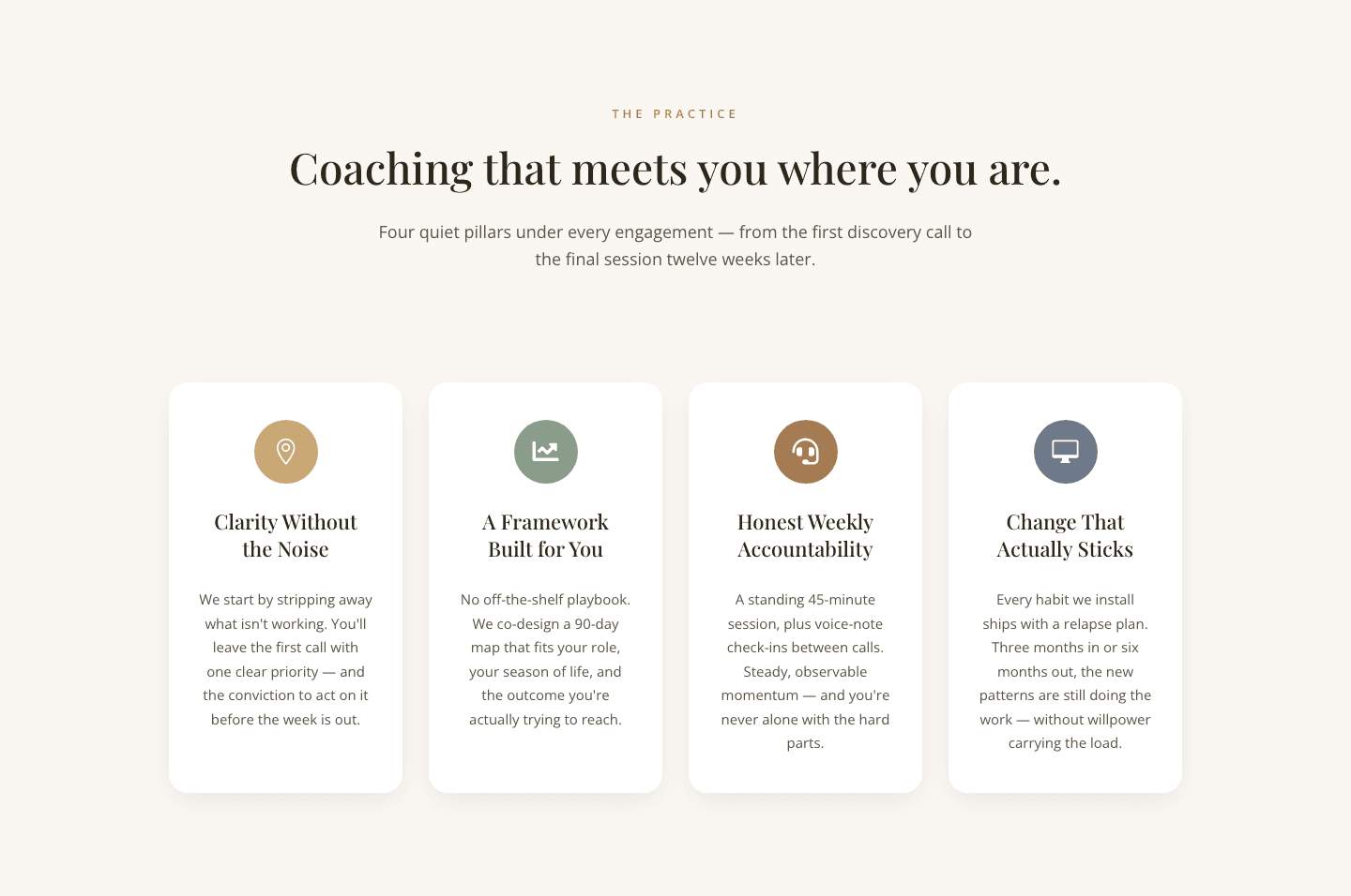 Elegant Coaching Pillars Cards Section — Divi 5 Layout