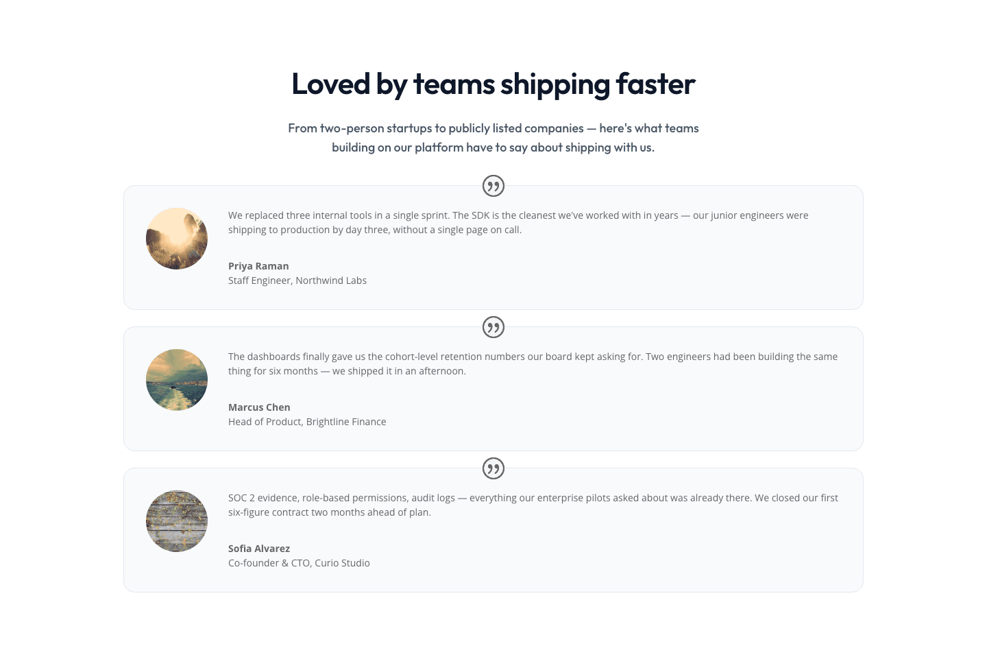 Minimal SaaS Testimonials Section — Three-Column Customer Quotes