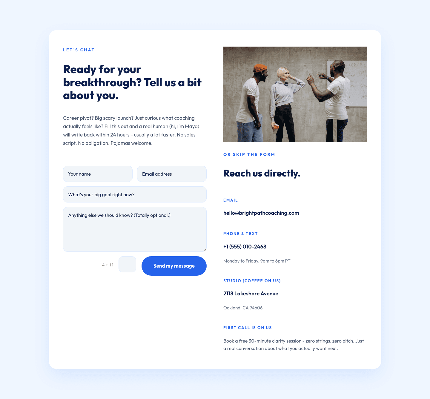 Playful Coaching Contact Page Layout for Divi 5 - Free Download