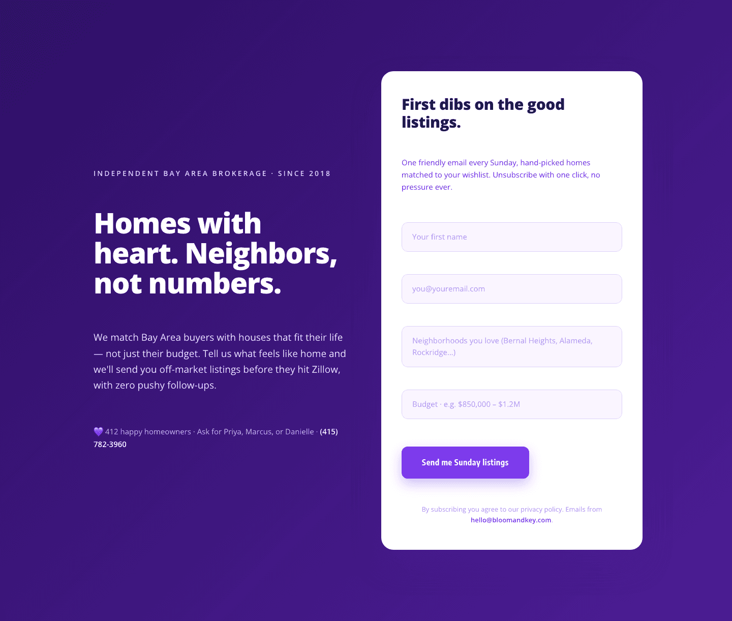Playful Purple Real Estate Hero — Signup Split | Divi 5 Layout